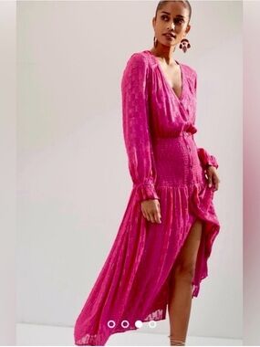 Anthropologie Fuchsia Long-Sleeve V-Neck Maxi Dress